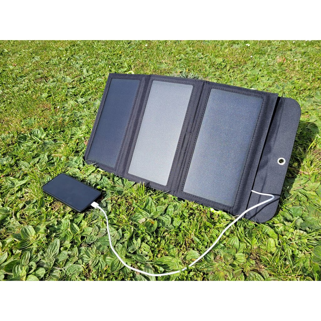Panel solar plegable de 3 piezas con powerbank integrada (10.000 mAh) para cargar dispositivos