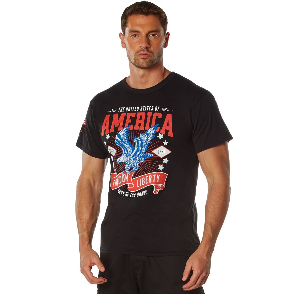 Camiseta negra FREEDOM & LIBERTY, manga corta, mezcla 60% algodón 40% poliéster