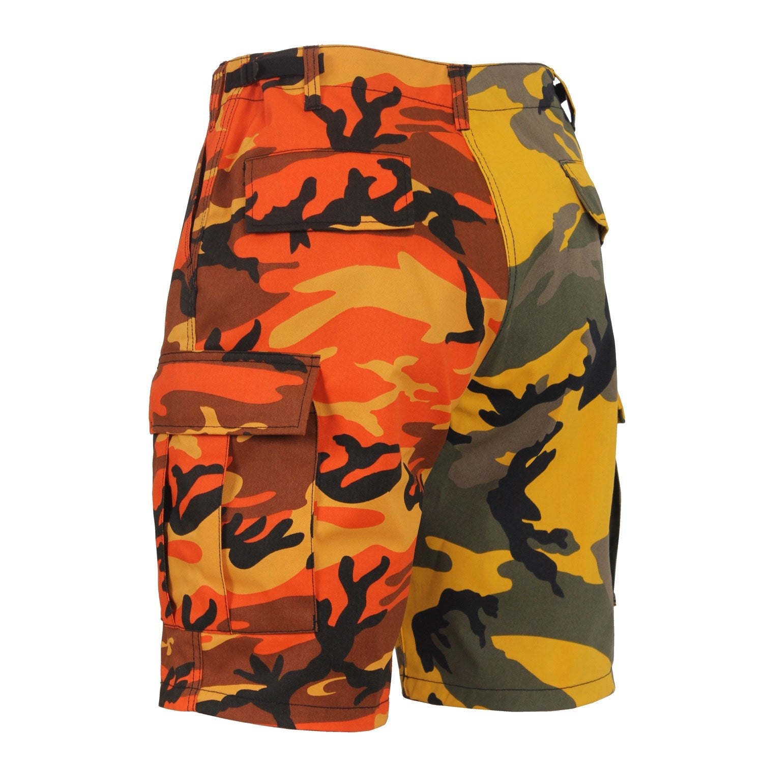 Shorts BDU bicolor amarillo y naranja camuflaje con bolsillos laterales y traseros