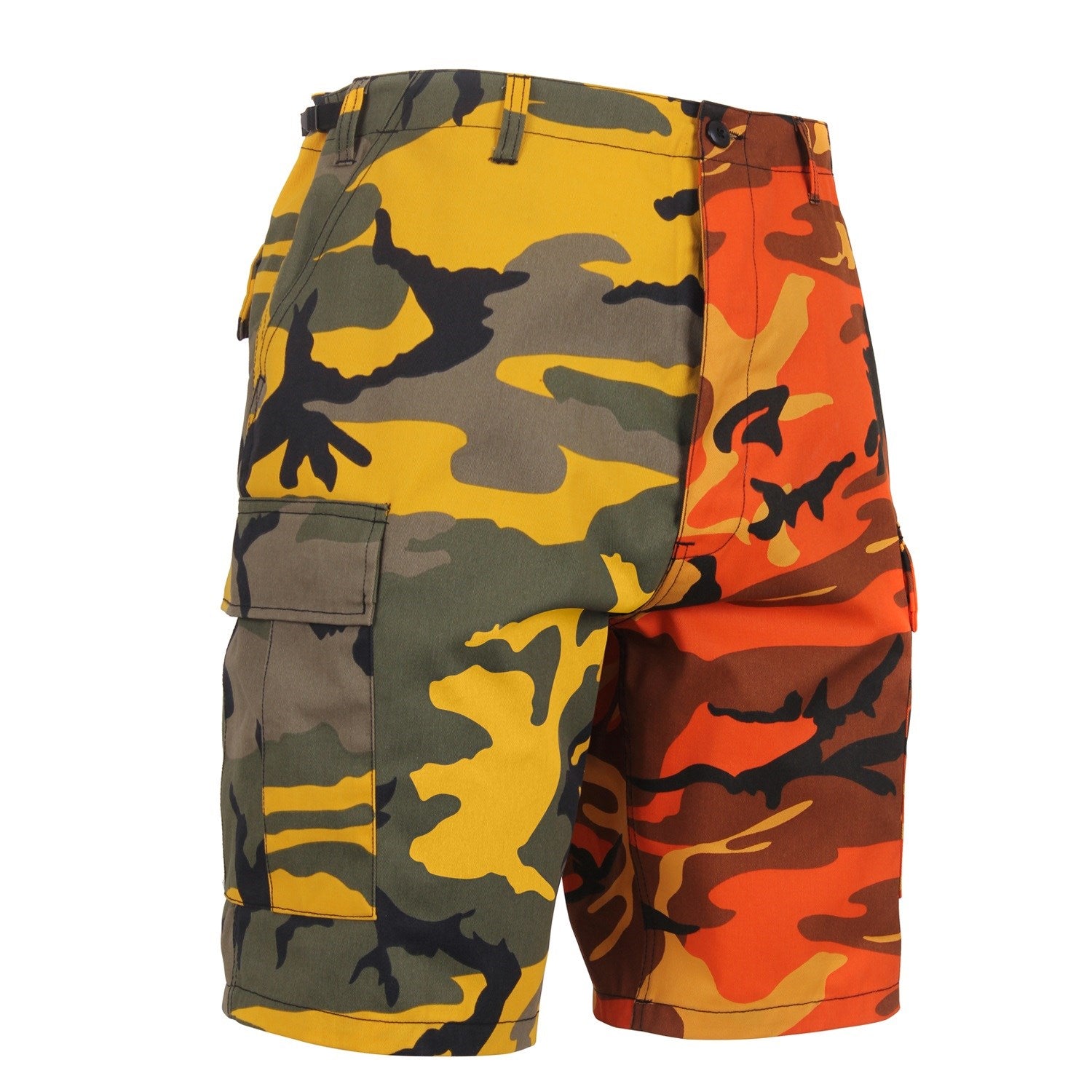 Pantalones cortos BDU bicolor amarillo/naranja, 55% algodón y 45% poliéster, bolsillos laterales y traseros