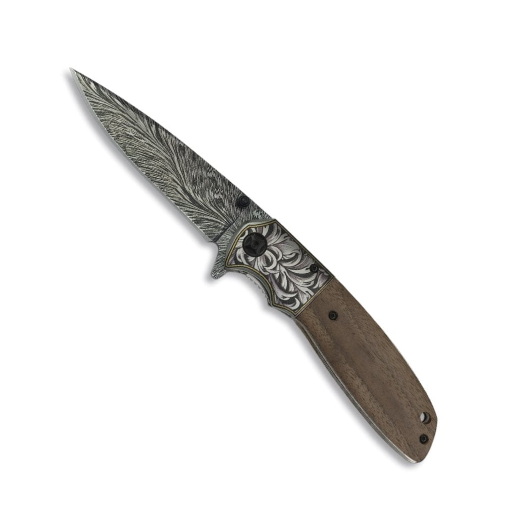 Navaja plegable 18284 con hoja lisa de 9,6 cm y empuñadura de madera decorada con láser