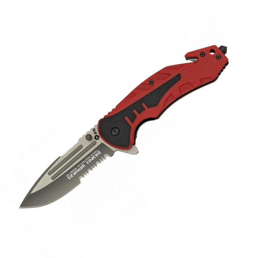 Navaja plegable roja 18319 con filo combinado, flipper, cortador de correas y rompecristales, hoja 8,7 cm
