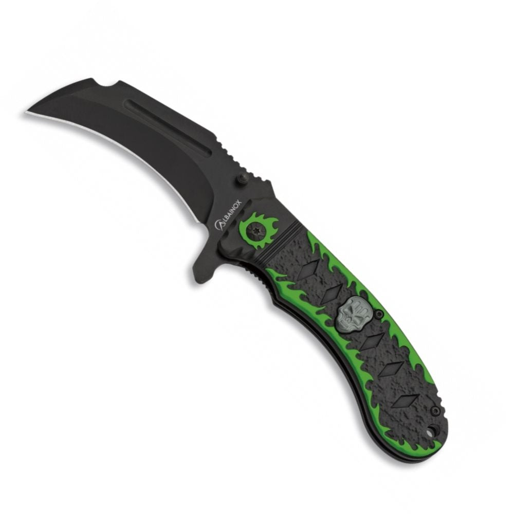 Navaja plegable verde/negra con calavera, hoja lisa 8,3 cm, LinerLock