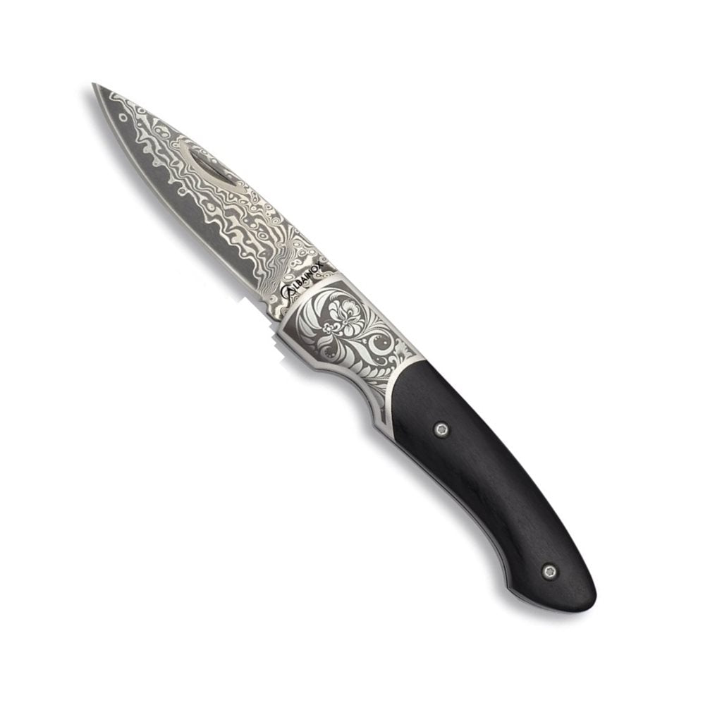 Navaja de bolsillo BLACK WOOD con hoja de damasco y mango de madera, incluye caja de regalo