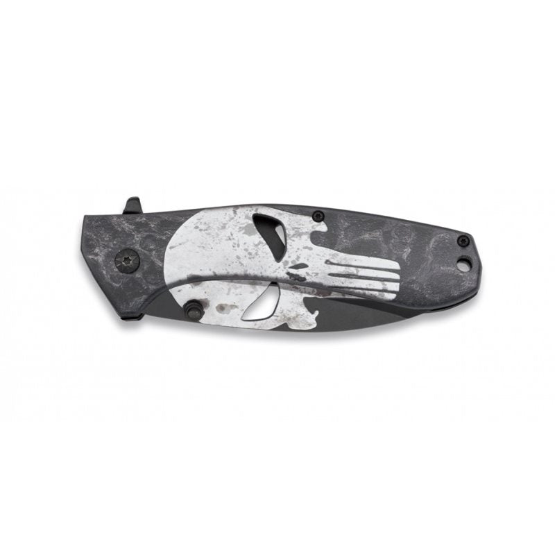 Cuchillo plegable Punisher con calavera, hoja lisa de 9 cm en acero inoxidable, mango aluminio, clip y LinerLock