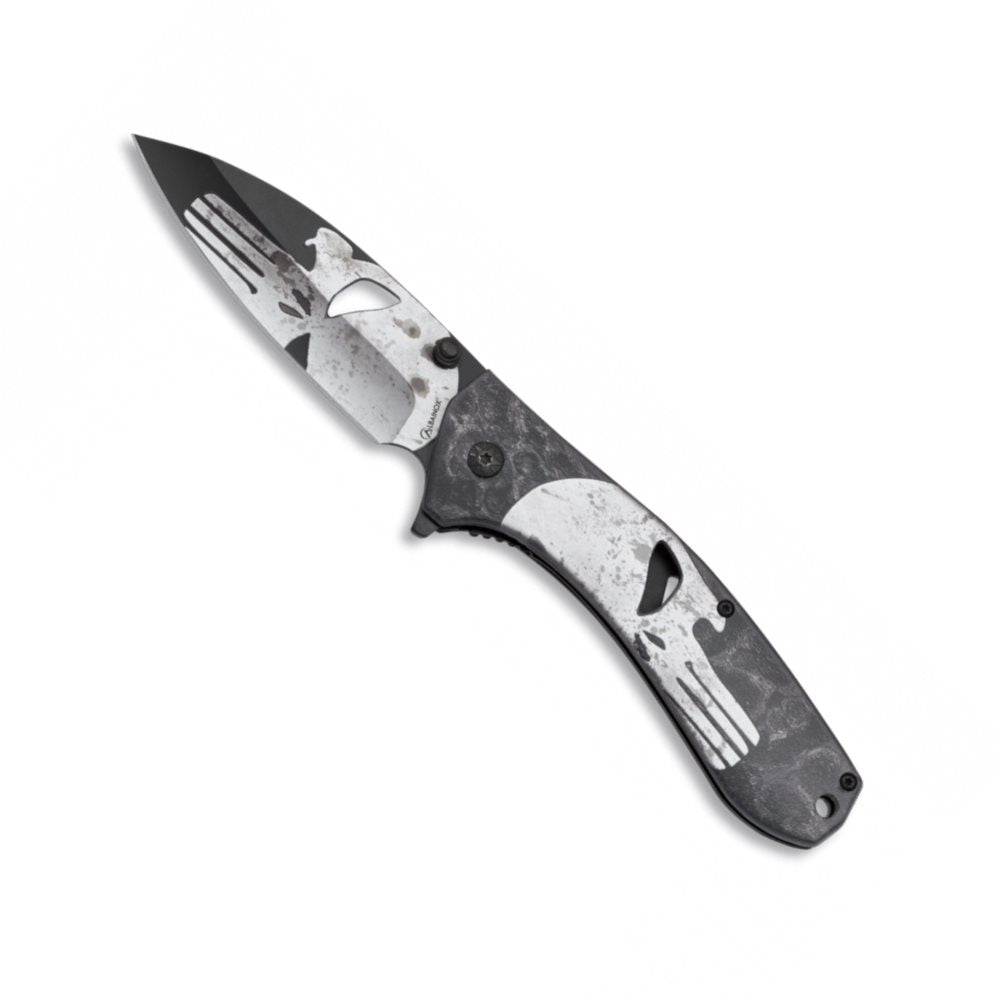 Cuchillo plegable Punisher con calavera, hoja lisa de 9 cm en acero inoxidable, mango aluminio, clip y LinerLock