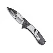 Cuchillo plegable Punisher con calavera, hoja lisa de 9 cm en acero inoxidable, mango aluminio, clip y LinerLock