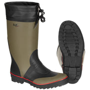 Botas de agua de goma verdes y negras con ribete rojo