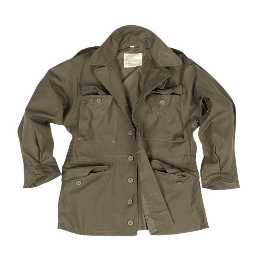 Chaqueta réplica US M43 verde, modelo militar 1943 con 4 bolsillos y hombreras