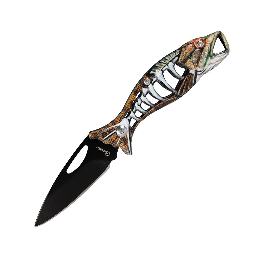 Cuchillo plegable azul con empuñadura en forma de pez y cadena para llaves