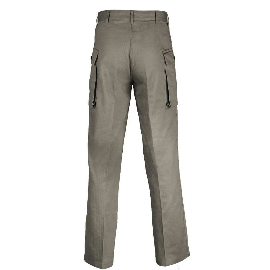 Pantalones US HBT repro color oliva con bolsillos cargo y cierre de botones, 100% algodón