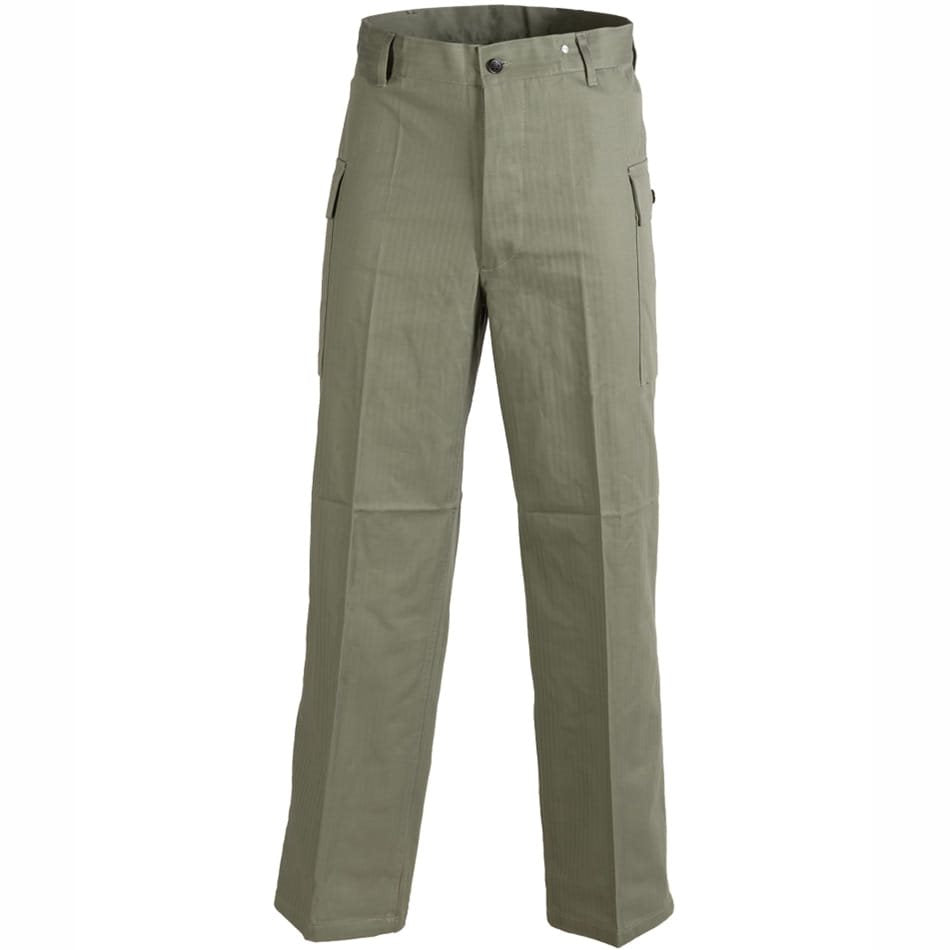 Pantalones US HBT repro color oliva con bolsillos cargo y cierre de botones, 100% algodón