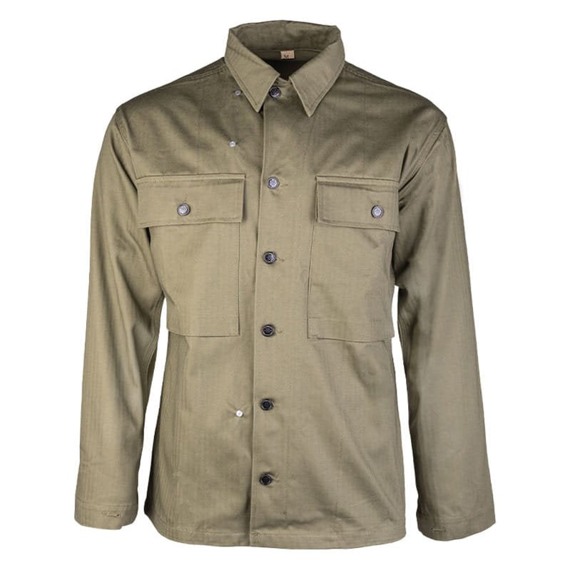 Camisa réplica US HBT oliva con dos bolsillos y cierre de botones, 100% algodón