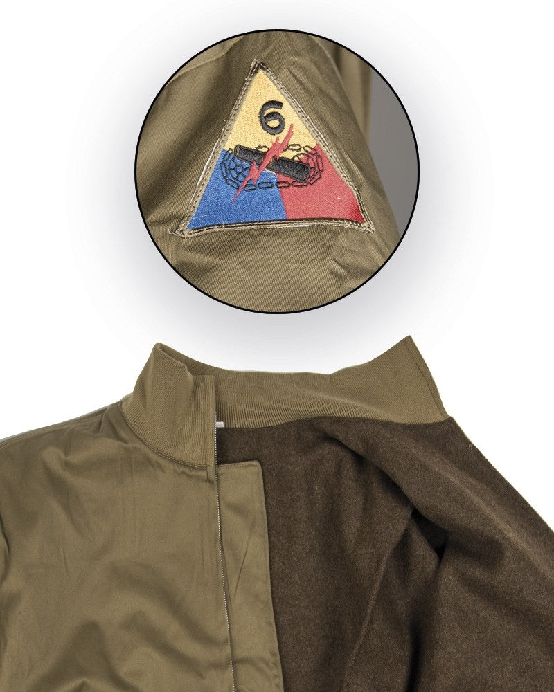 Chaqueta tankista US Army reproducción verde con cremallera, bolsillos y parche