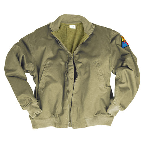 Chaqueta tankista US Army reproducción verde con cremallera, bolsillos y parche