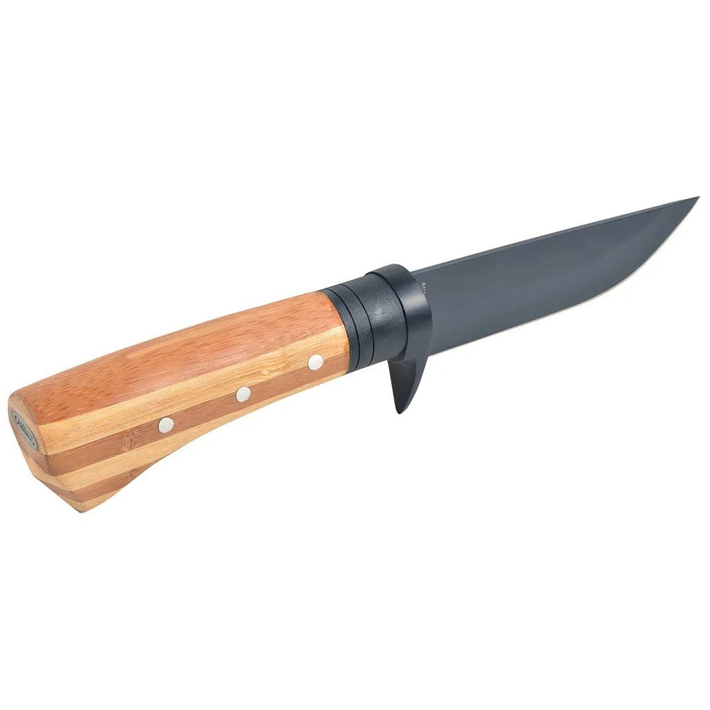 Cuchillo HUNTER con mango de bambu y funda, hoja 117 mm en acero AUS-8 con recubrimiento de carbonitruro de titanio