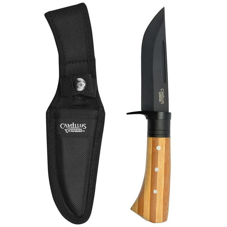 Cuchillo HUNTER con mango de bambu y funda, hoja 117 mm en acero AUS-8 con recubrimiento de carbonitruro de titanio