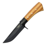 Cuchillo HUNTER con mango de bambu y funda, hoja 117 mm en acero AUS-8 con recubrimiento de carbonitruro de titanio