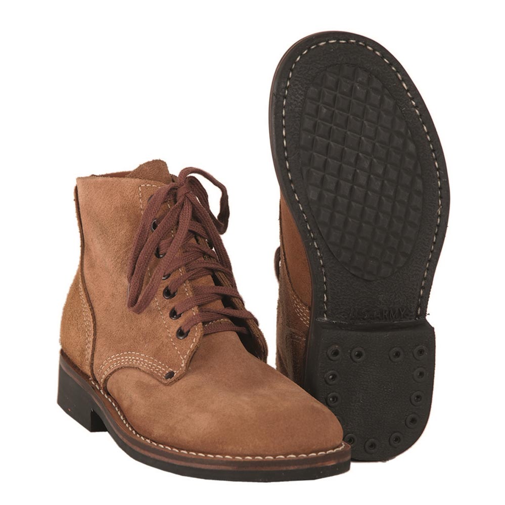 Botas M43 réplica US Army en ante marrón, 7 ojales, modelo bajo