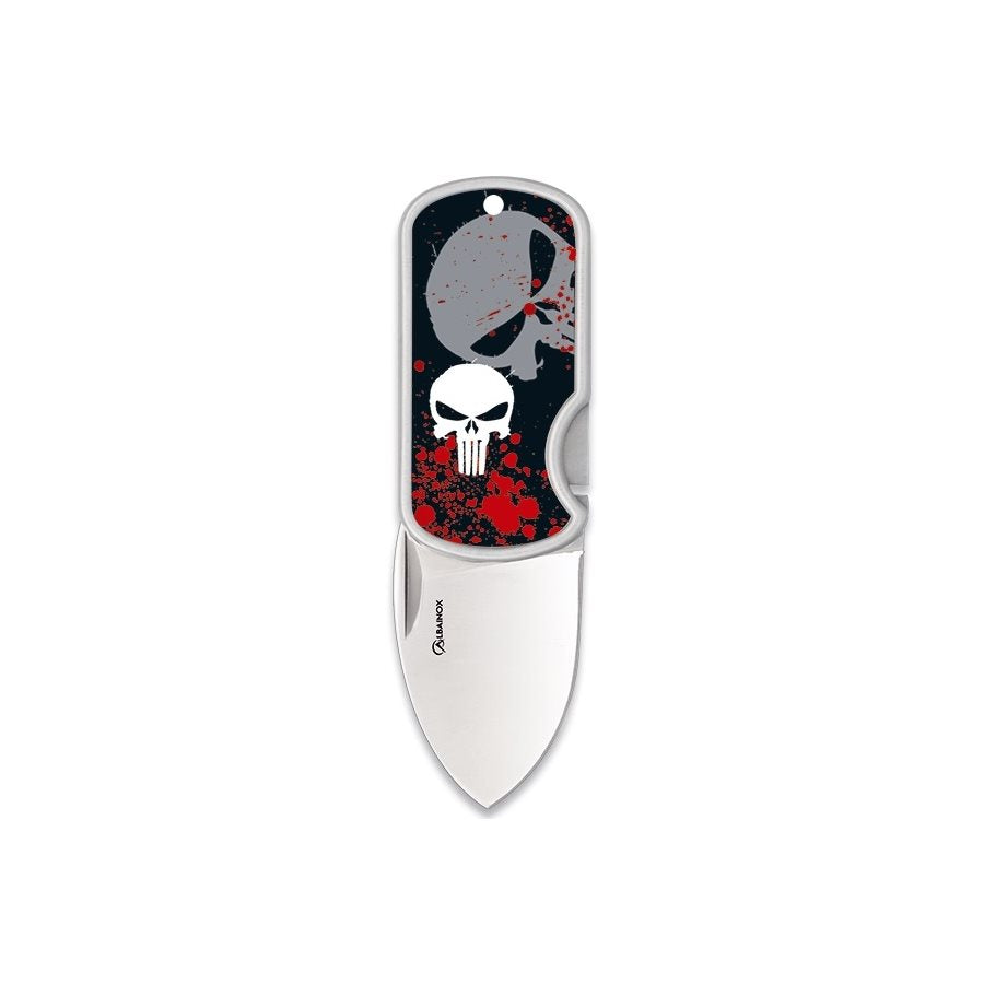Cuchillo plegable DOG TAG PUNISHER con calavera, hoja 4 cm, grosor 2 mm, mango 6 cm y orificio para colgar