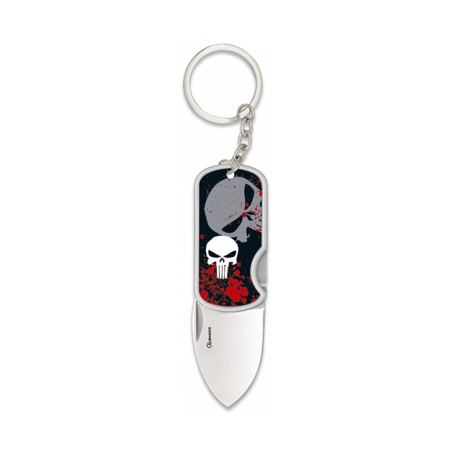Navaja plegable DOG TAG PUNISHER con diseño de calavera y cadena para llavero