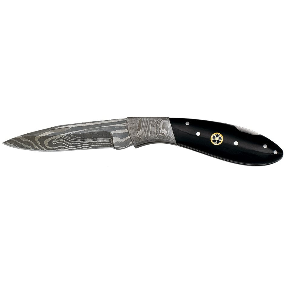 Navaja plegable Damasco 312 capas, mango de cuerno, hoja 8 cm, longitud total 18,1 cm, caja regalo