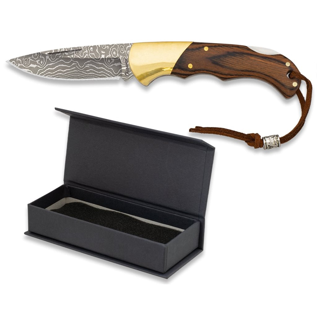 Navaja plegable Damasco 18750 con mango de madera y caja regalo