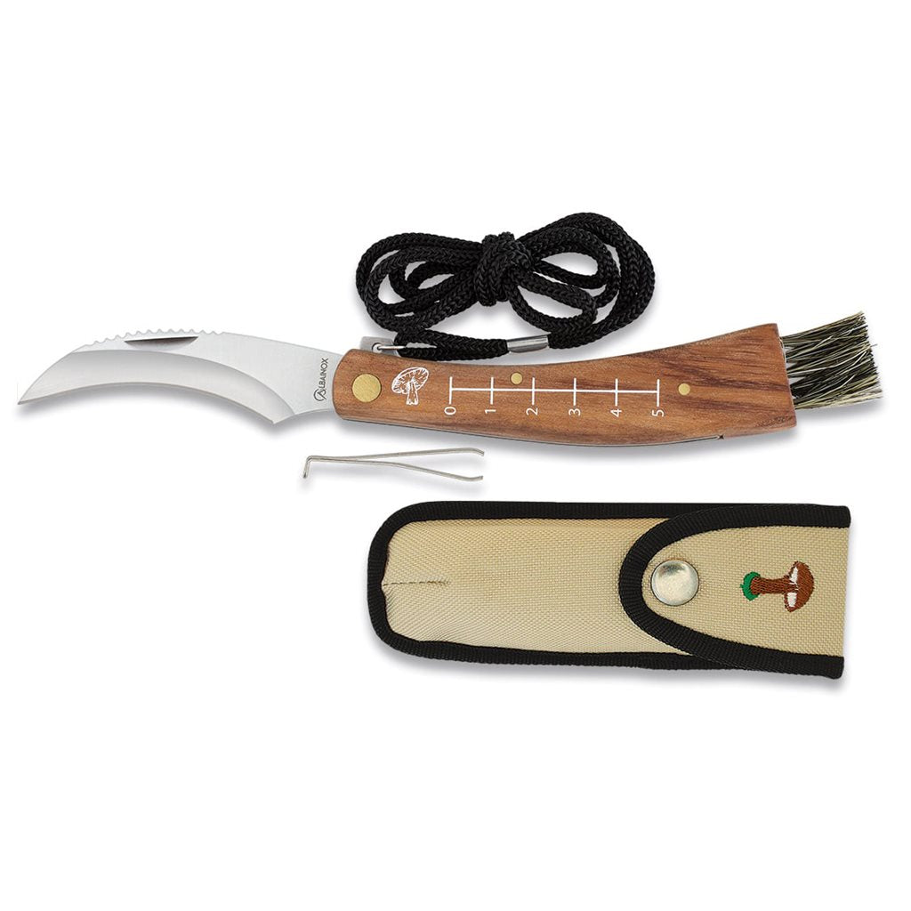 Cuchillo para setas 18752 con hoja curva, mango de madera y accesorios
