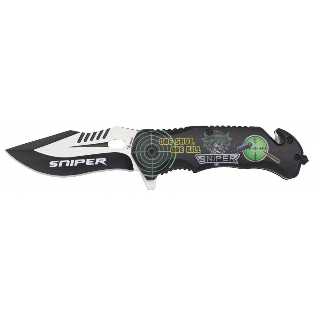 Navaja plegable SNIPER con hoja lisa 3Cr13Mov, acabado negro, seguro LinerLock y flipper