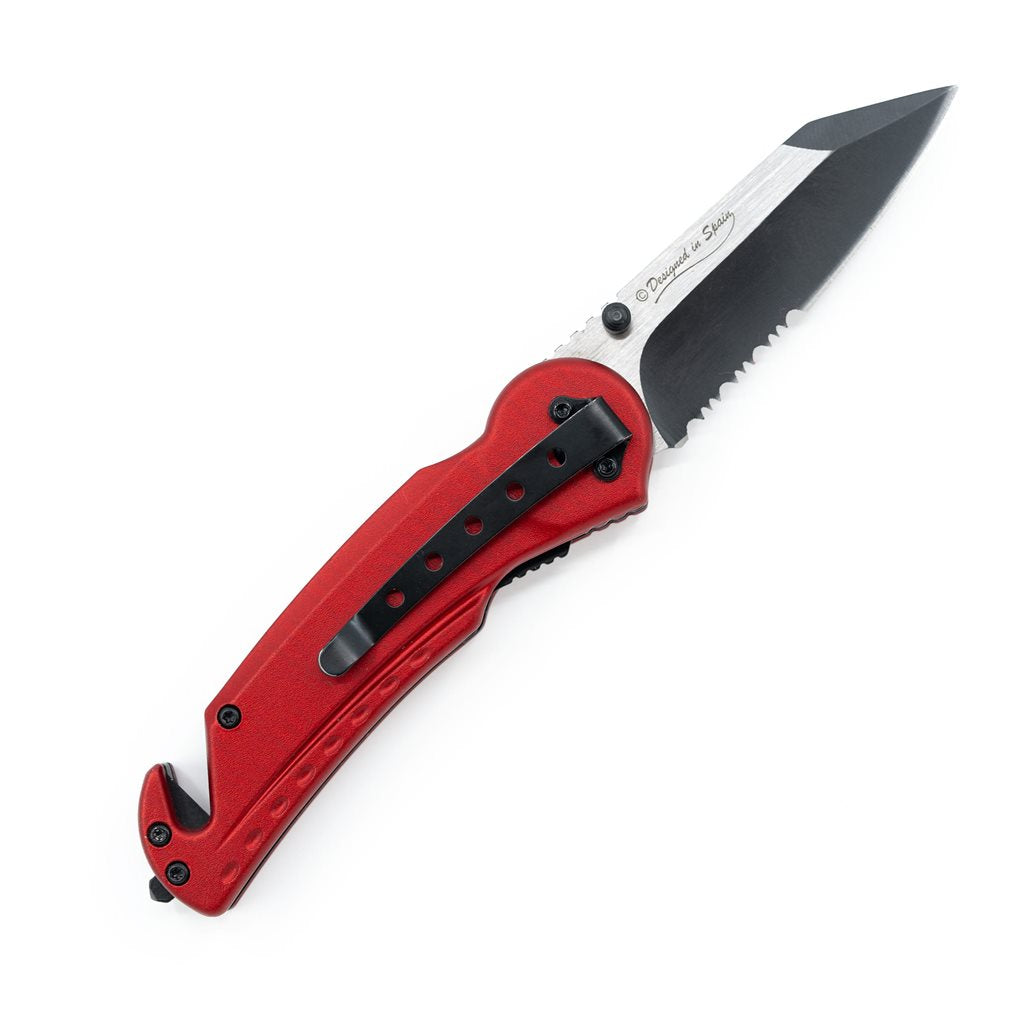 Cuchillo plegable SEG-2 FIREFIGHTER rojo con hoja combinada y funda de nylon