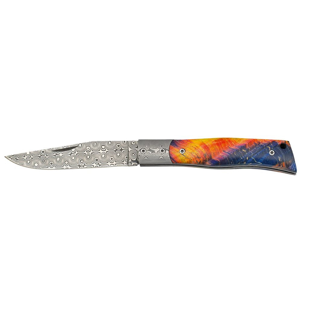 Navaja plegable ROOT WOOD con hoja de acero damasco (110 capas) y mango de madera, nacre y damasco
