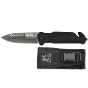Cuchillo plegable táctico AH-64 negro, filo liso y elementos de rescate, diseño inspirado en el helicóptero Apache