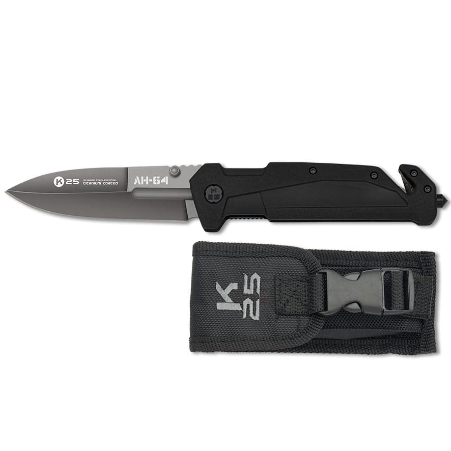 Cuchillo plegable táctico AH-64 negro, filo liso y elementos de rescate, diseño inspirado en el helicóptero Apache