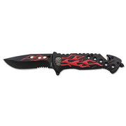 Navaja plegable Red Flame negro y rojo con hoja combinada y funciones de emergencia
