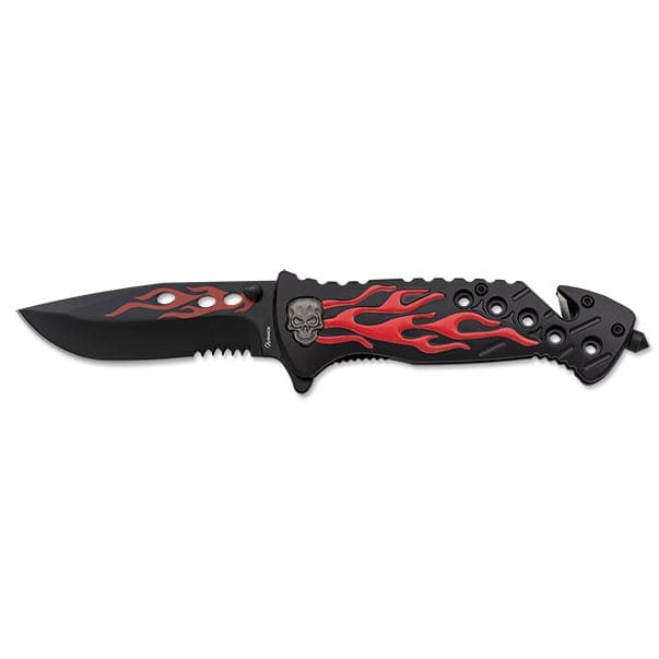 Navaja plegable Red Flame negro y rojo con hoja combinada y funciones de emergencia