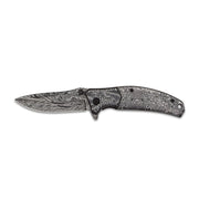 Cuchillo plegable gris con estampado tipo damasco y filo combinado