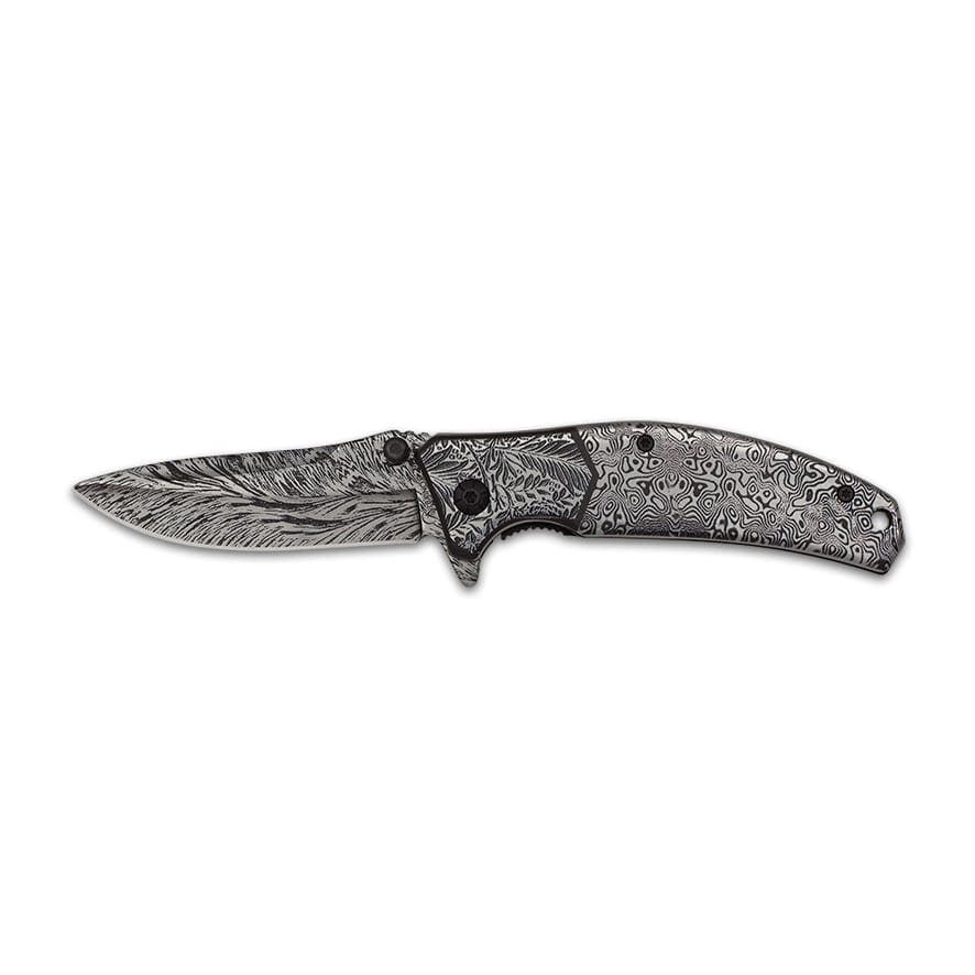 Cuchillo plegable gris con estampado tipo damasco y filo combinado