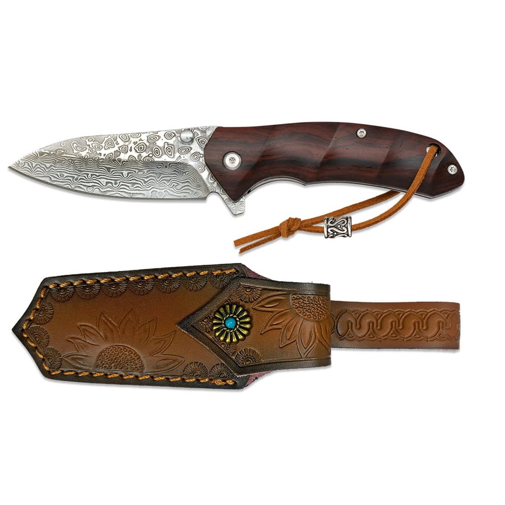 Navaja plegable BEAR con hoja de acero damasco de 73 capas y funda de cuero para cinturón