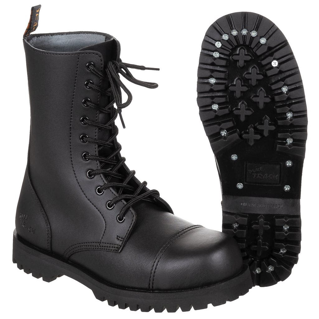 Botas altas negras Pure Trash de piel con puntera de acero y suela atornillada