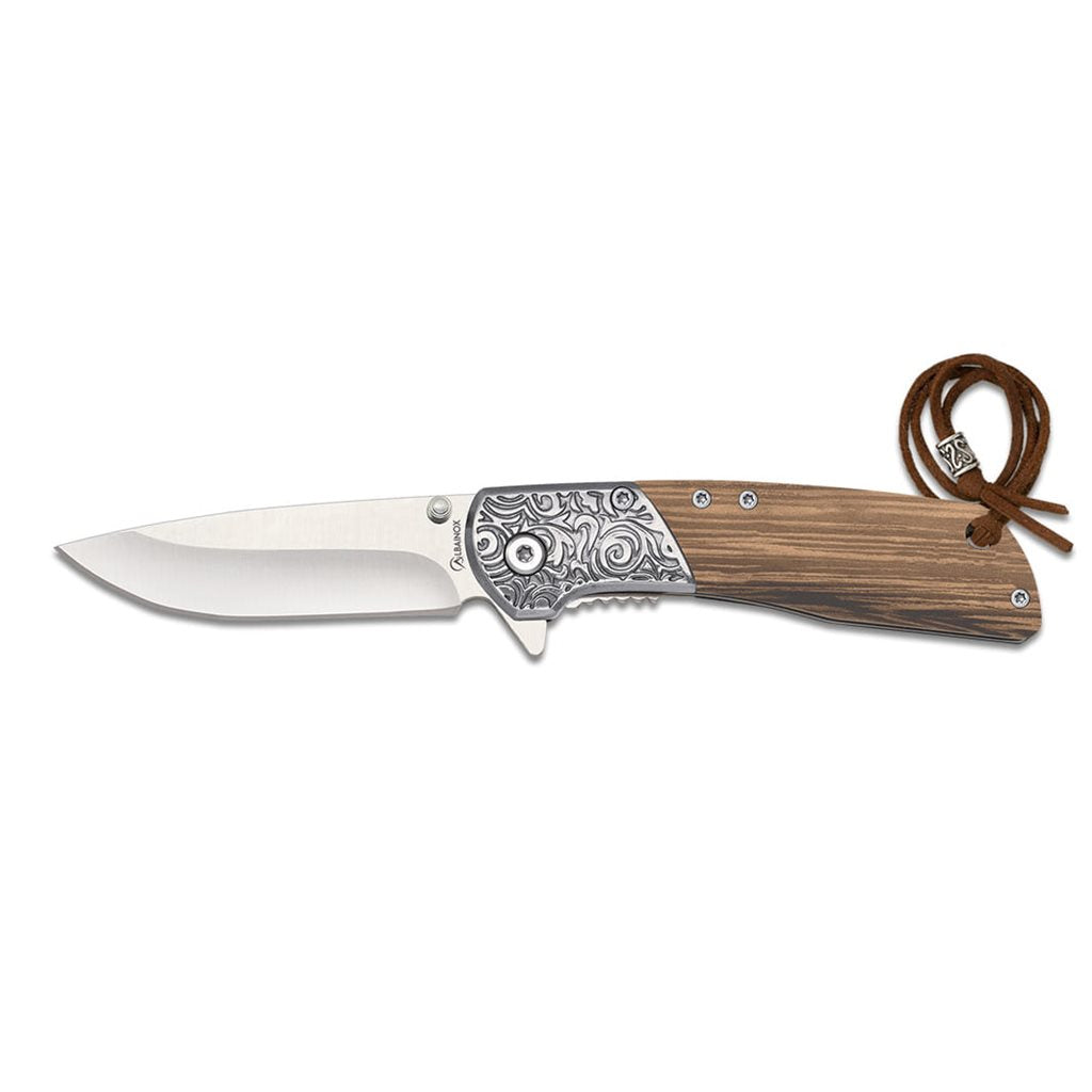 Navaja plegable Zebra Wood con hoja lisa y mango de acero inoxidable decorado y madera