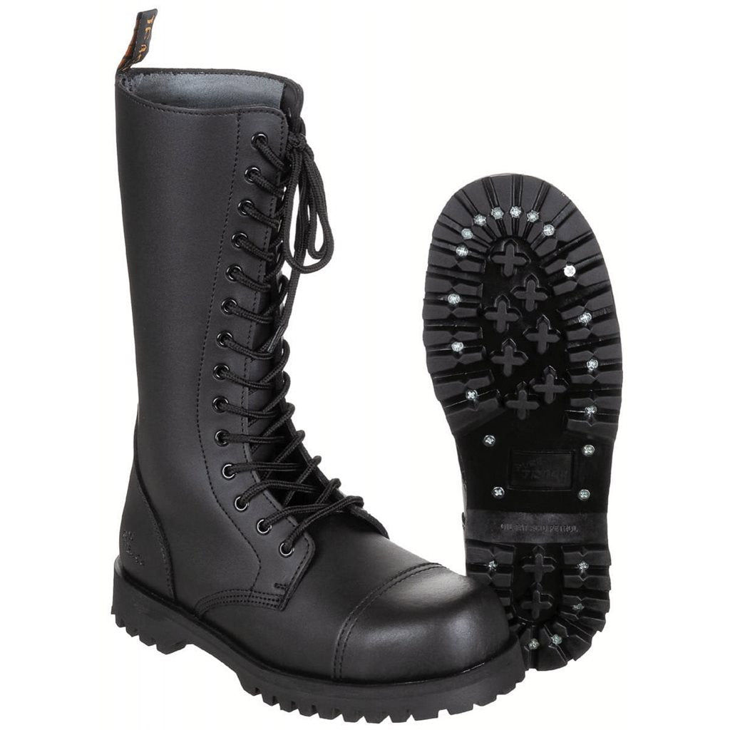 Botas altas negras de cuero con puntera de acero y 14 ojales