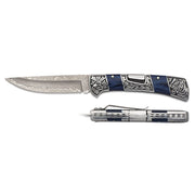 Cuchillo plegable BLUE STAMINA con hoja lisa de acero damasco y empuñadura mixta