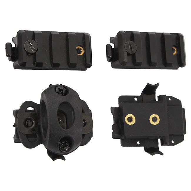 Juego de montajes para casco: 2 rails Picatinny, abrazadera ajustable y adaptador para linterna