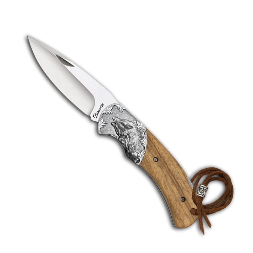 Navaja plegable con relieve cabeza de jabalí, mango de madera y hoja lisa de acero 3Cr13Mov