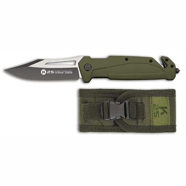 Cuchillo plegable táctico verde 18998 con filo liso y elementos de rescate
