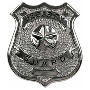 Insignia metálica plateada con texto SECURITY GUARD
