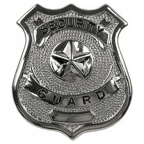 Insignia metálica plateada con texto SECURITY GUARD