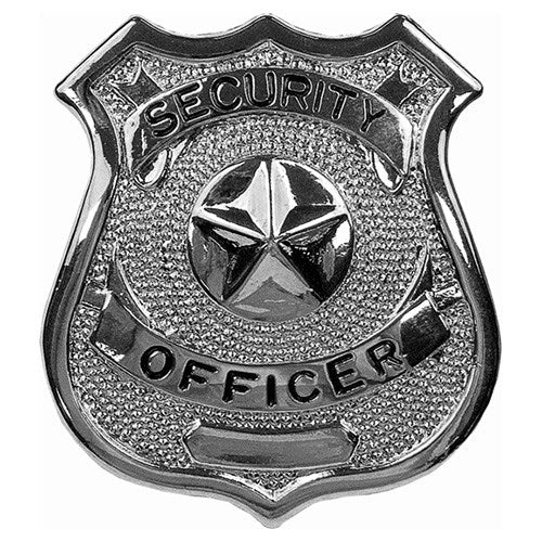 Insignia metálica plateada con texto 'SECURITY OFFICER'.