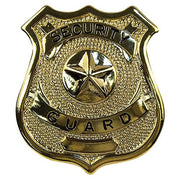 Placa metálica dorada con la inscripción SECURITY GUARD