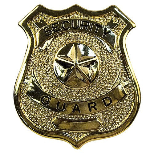 Placa metálica dorada con la inscripción SECURITY GUARD